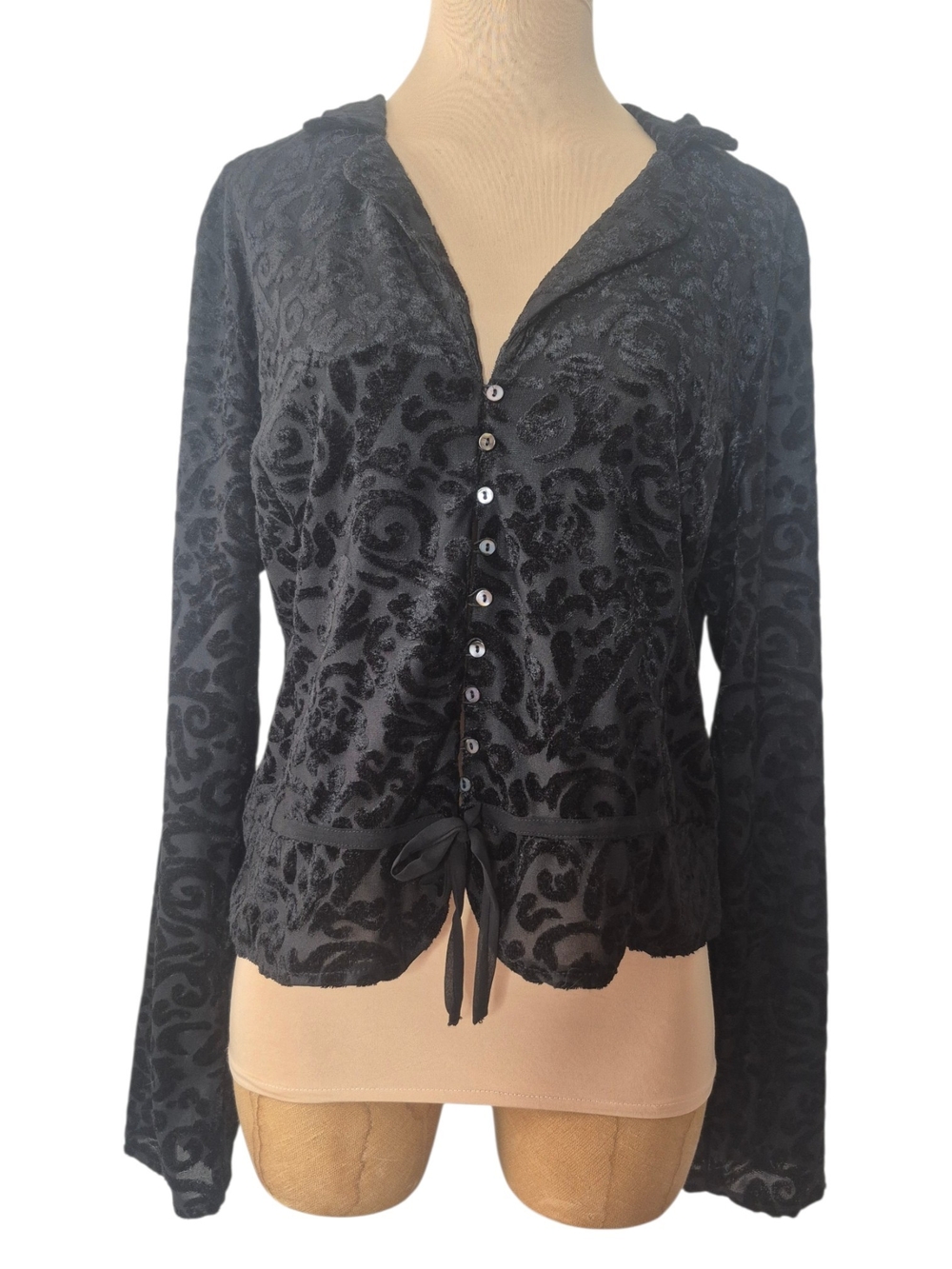 Cato Black Velvet Burnout Floral Button Front Blouse Tie Waist Large Y2k Goth